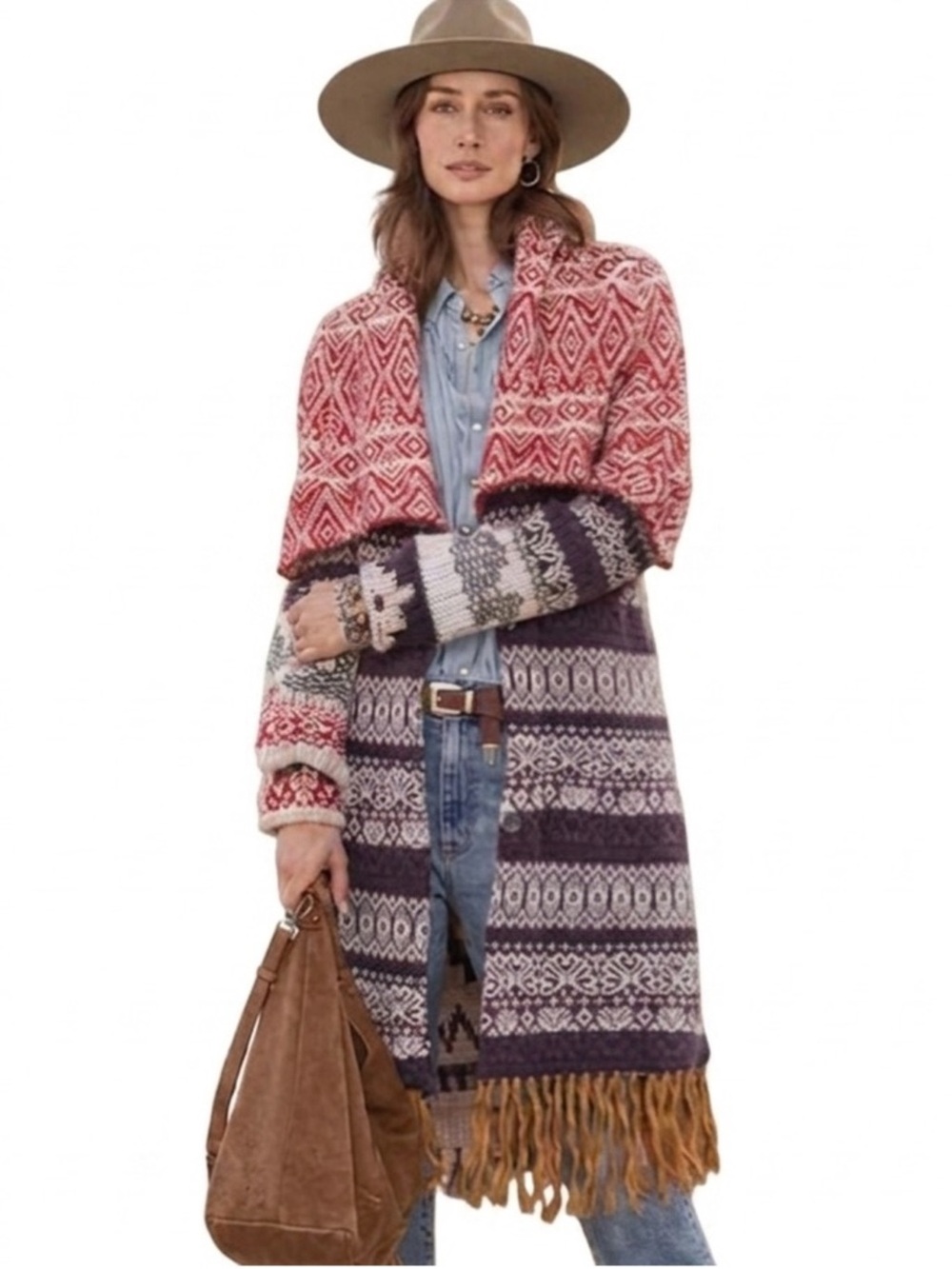 Sundance by Blue Tassel $168 Fair Isle Fringe Open Cardigan Sweater With Belt